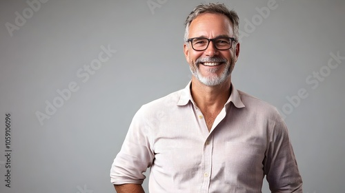 Middle aged British man in a smart casual outfit consisting of a button down shirt and chinos is delighted and posing with a positive expression in a studio setting against a plain gray background