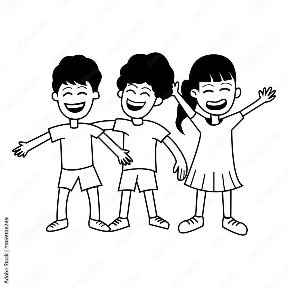 Happy Children Group Vector Illustration - Outline Style of Kids Playing and Laughing Happy Children Group Vector Illustration - Outline Style of Kids Playing and Laughing