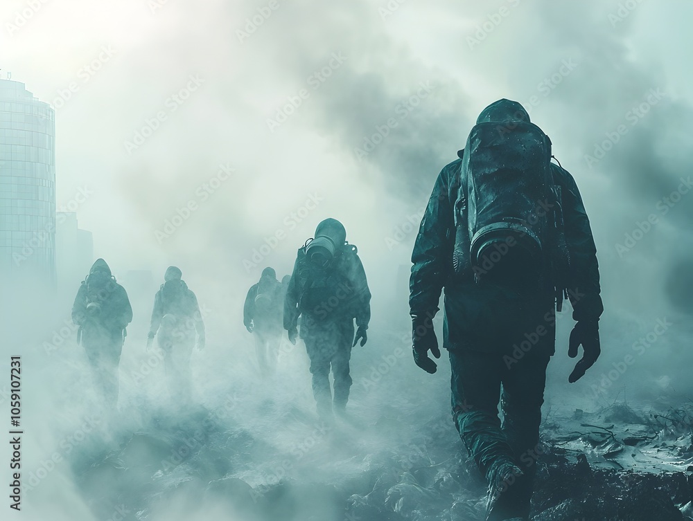 Eerie Silhouettes Navigating Through Toxic Haze in Apocalyptic Cityscape Eerie Silhouettes Navigating Through Toxic Haze in Apocalyptic Cityscape