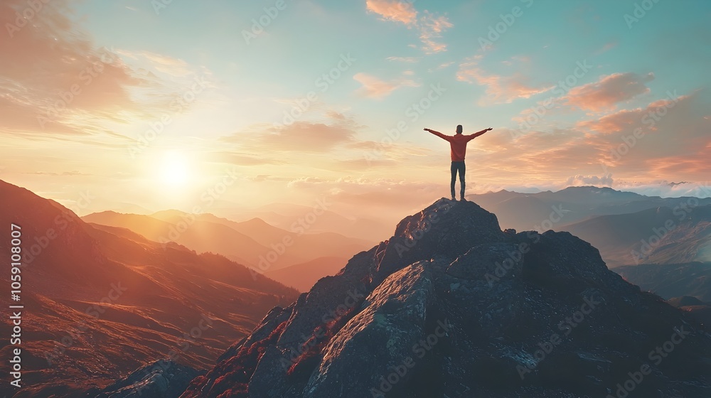 Silhouetted Hiker Celebrates Reaching Mountain Peak at Sunrise Arms Outstretched in Joy and Freedom Silhouetted Hiker Celebrates Reaching Mountain Peak at Sunrise Arms Outstretched in Joy and Freedom