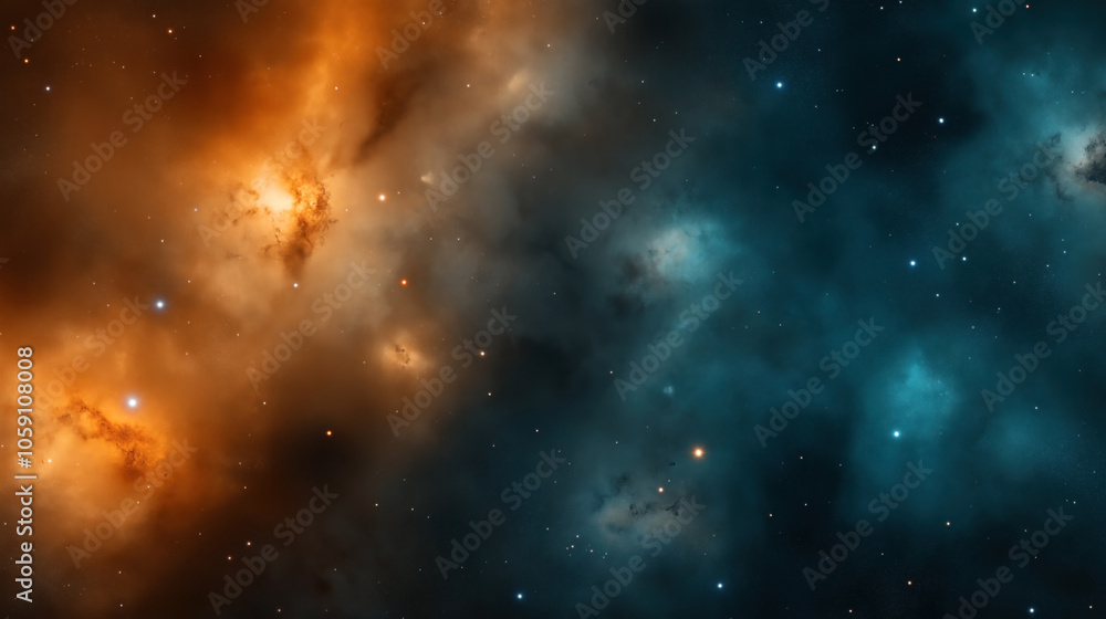 Vibrant space nebula with bright orange and blue hues, scattered stars, and cosmic dust creating a dynamic celestial scene. Vibrant space nebula with bright orange and blue hues, scattered stars, and cosmic dust creating a dynamic celestial scene.
