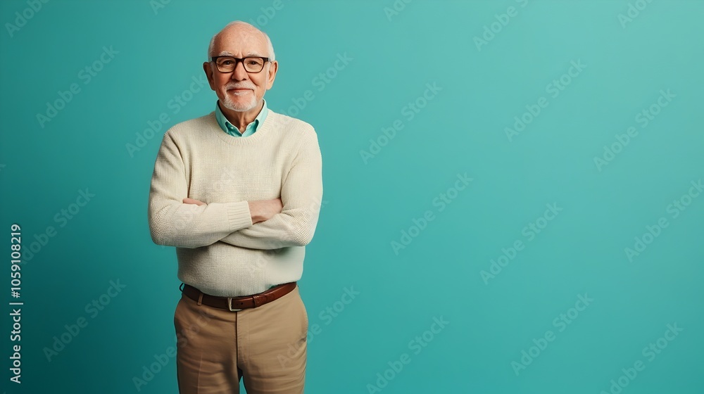 Cheerful and Confident Senior Gentleman Dressed in Smart Casual Sweater and Trousers Posing with Crossed Arms Against a Plain Teal Background in a Professional Photography Studio Cheerful and Confident Senior Gentleman Dressed in Smart Casual Sweater and Trousers Posing with Crossed Arms Against a Plain Teal Background in a Professional Photography Studio