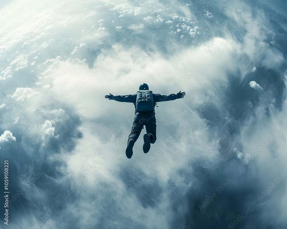 Skydiver Free Falling Through Clouds Towards Distant Earth Below Representing Freedom and Thrill of Letting Go Skydiver Free Falling Through Clouds Towards Distant Earth Below Representing Freedom and Thrill of Letting Go