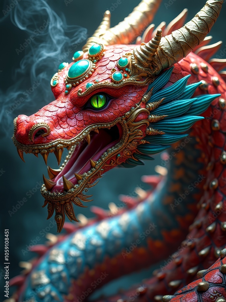 Obraz premium Majestic red dragon with smoldering eyes and ornate scales