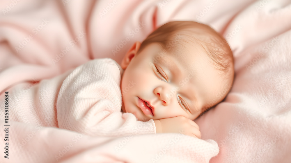 Cute newborn baby sleeping on soft pink blanket, closeup view Cute newborn baby sleeping on soft pink blanket, closeup view
