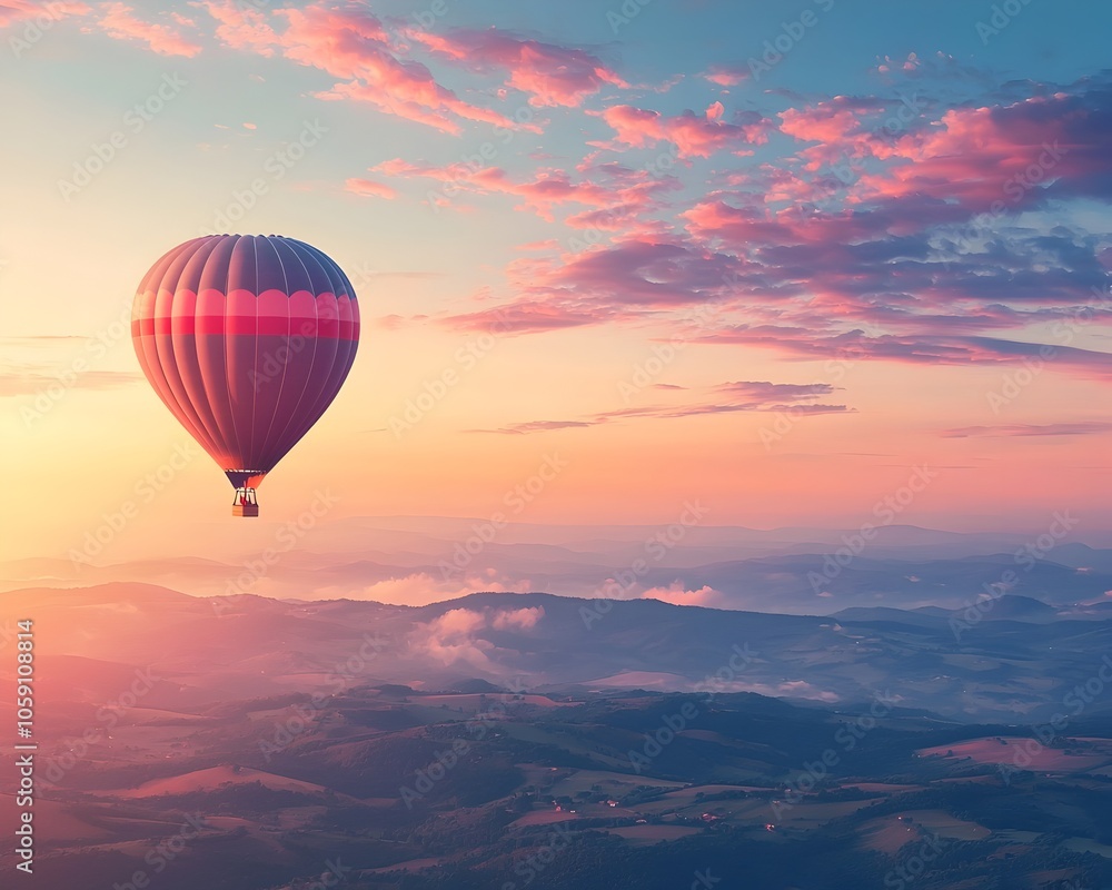 Fototapeta premium Hot Air Balloon Soaring Above Serene Landscape at Sunrise Symbolizing Freedom and