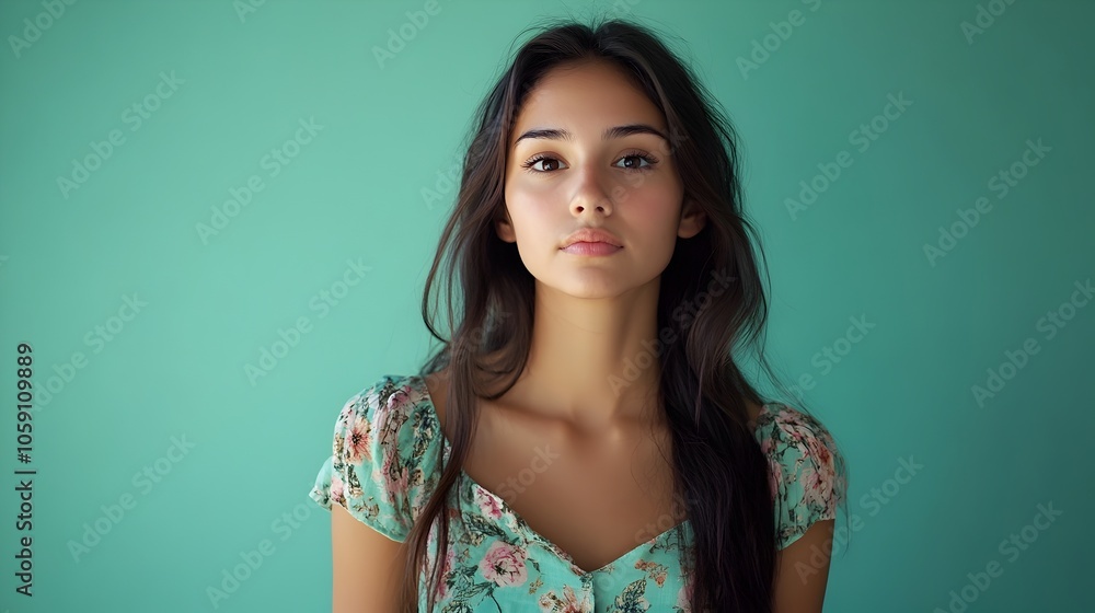 Full body shot of a young Mexican woman dressed in a casual floral sundress appearing nervous and thoughtful standing on a plain mint green background with copy space above Full body shot of a young Mexican woman dressed in a casual floral sundress appearing nervous and thoughtful standing on a plain mint green background with copy space above