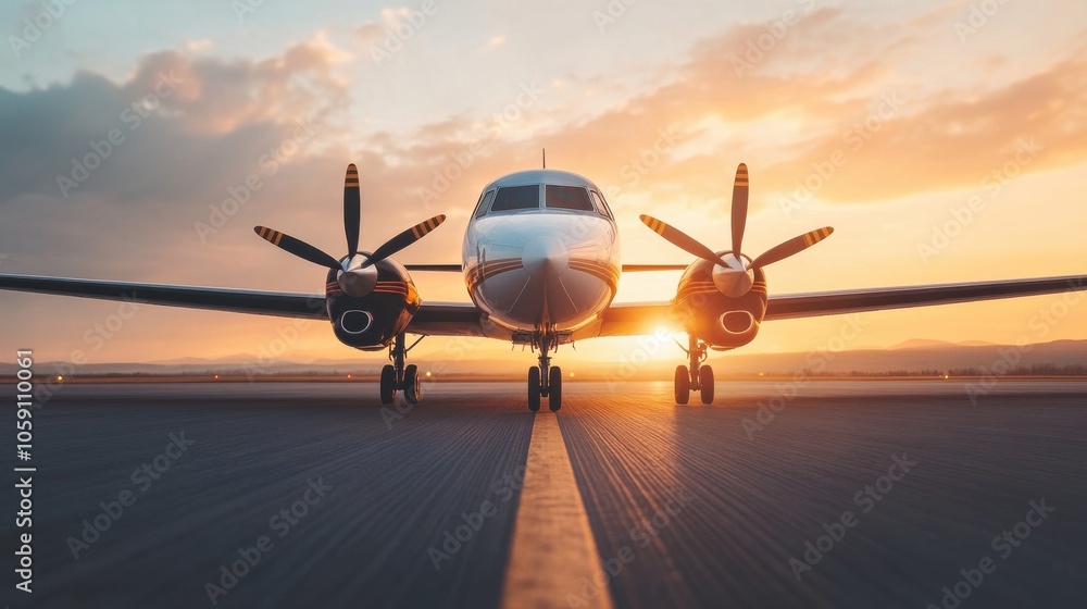 Fototapeta premium Propeller Plane at Ground Level During Sunset