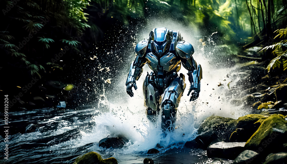 Fototapeta premium Astronaut, alien, robot in armored spacesuit in action on jungle. Starship troopers, star wars, space exploration, space science. Explosion, unfriendly planet, space war