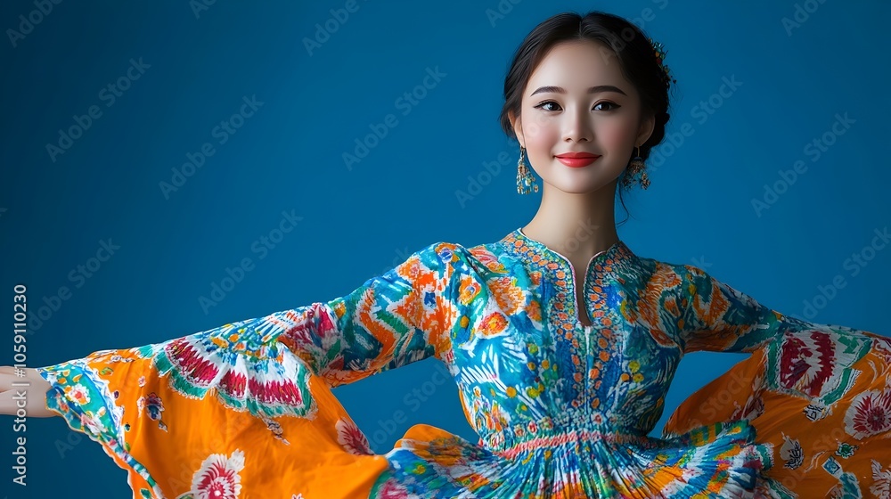 Fototapeta premium Portrait of a happy young Malaysian woman beaming with joy and wearing a vibrant batik printed dress in front of a plain lapis lazuli blue studio background