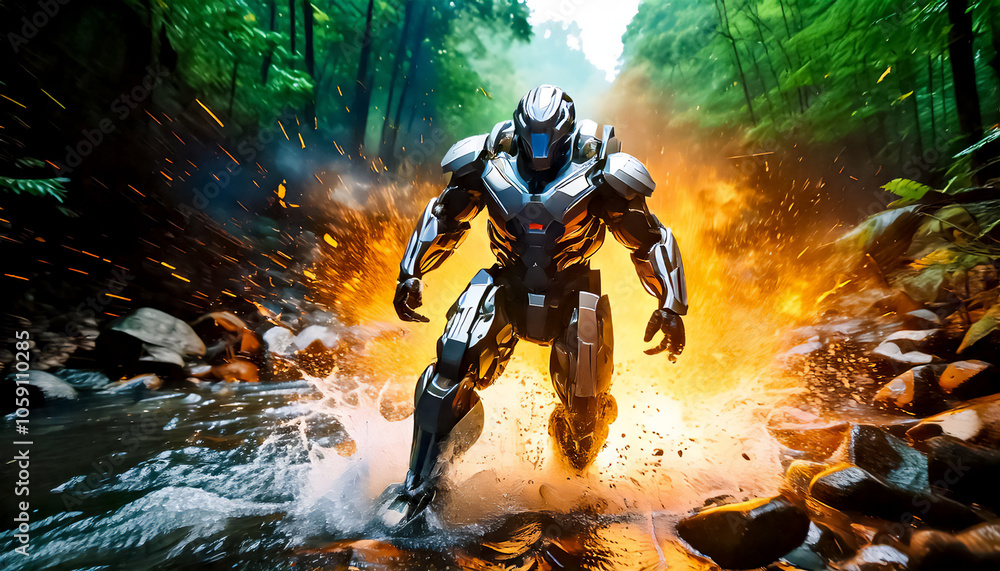 Astronaut, alien, robot in armored spacesuit in action on jungle. Starship troopers, star wars, space exploration, space science. Explosion, unfriendly planet, space war Astronaut, alien, robot in armored spacesuit in action on jungle. Starship troopers, star wars, space exploration, space science. Explosion, unfriendly planet, space war