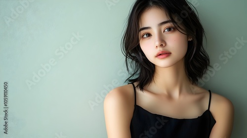 Wallpaper Mural A contemplative and poised Japanese woman poses in a chic black midi dress against a minimalist sage green studio background exuding an air of sophistication elegance and mystery Torontodigital.ca