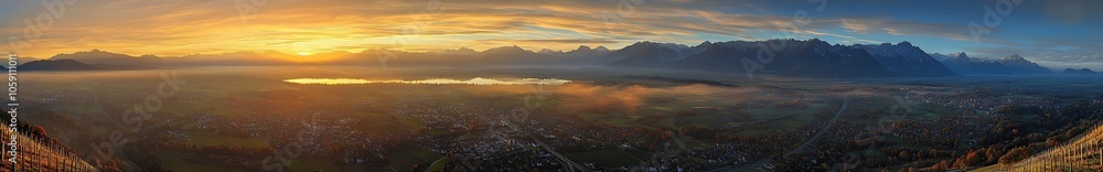 Panoramic view of the town and valley at sunrise, aerial photograph Panoramic view of the town and valley at sunrise, aerial photograph