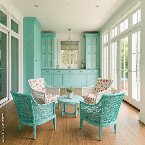 cozy sitting area with two wicker armchairs facing each other. The chairs are painted a soft turquoise color and have matching cushions with a floral print.