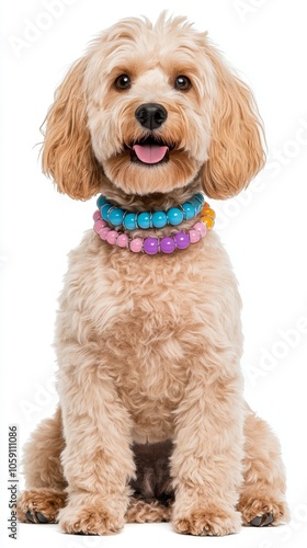 Cute dog wearing colorful beads, sitting against a white isolated background.