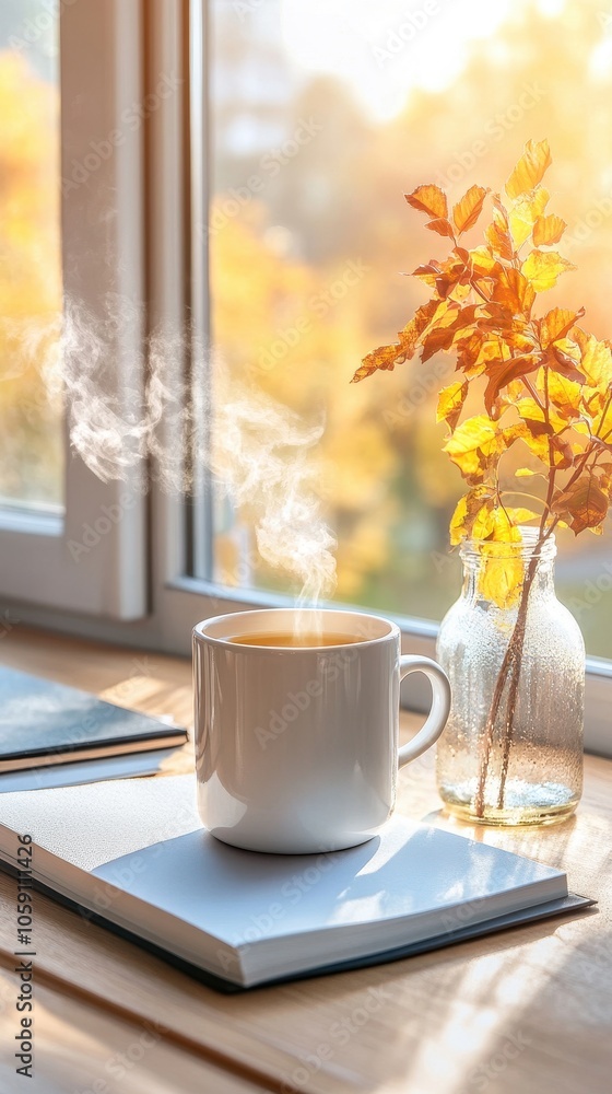 Hot apple cider in rustic mug, warm tones, fall decor, cozy ambiance Hot apple cider in rustic mug, warm tones, fall decor, cozy ambiance