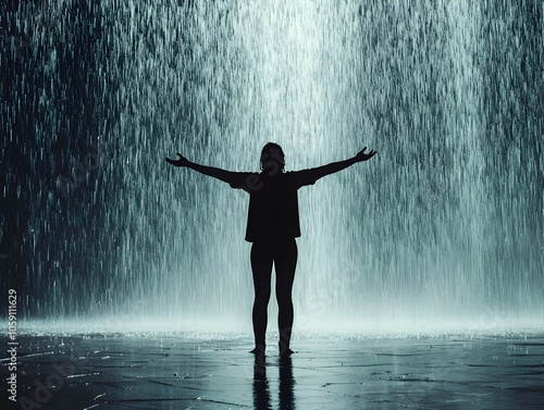 Silhouetted Figure Embracing the Storm Arms Outstretched in Emotional Freedom Concept