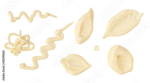 Mayonnaise isolated. Set of flying mayo smears and zigzags for design. Organic Mayonnaise, Yogurt or Cream  collection isolated on white background. Top view. Flat lay.