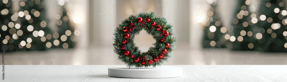 Festive Christmas wreath with red ornaments on podium, joyful winter scene Festive Christmas wreath with red ornaments on podium, joyful winter scene