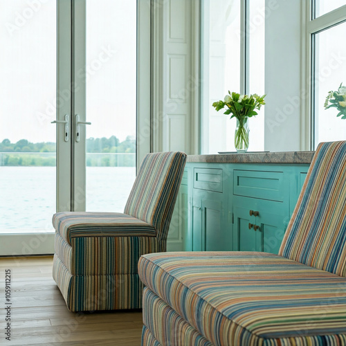 A cozy sitting area with two wicker armchair. The chairs are in varient color and have matching cushions with a floral print. photo