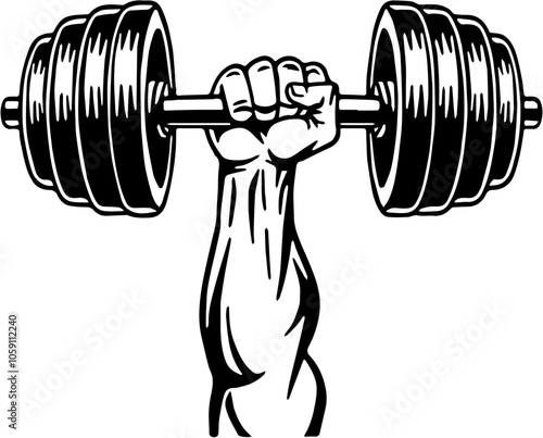 Black-and-White Vector Illustration of a Strong Hand Gripping a Heavy Dumbbell, Strength and Fitness Concept, Gym and Workout Motivation Art, Sports Equipment Icon, Personal Trainer Graphic, Gym Logo 