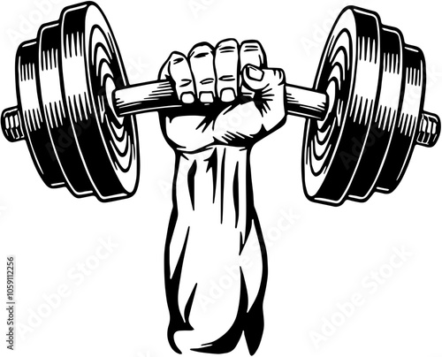 Black-and-White Vector Illustration of a Strong Hand Gripping a Heavy Dumbbell, Strength and Fitness Concept, Gym and Workout Motivation Art, Sports Equipment Icon, Personal Trainer Graphic, Gym Logo 