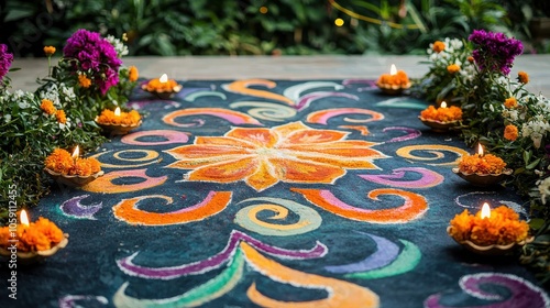 Close-up of a colorful rangoli pattern with diya lamps placed at each corner, surrounded by delicate marigold flowers and sparkly lights for a festive Diwali ambiance photo