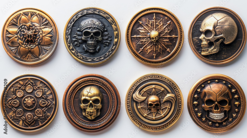 Set of Gold Coins with Monster and Skull Designs Set of Gold Coins with Monster and Skull Designs