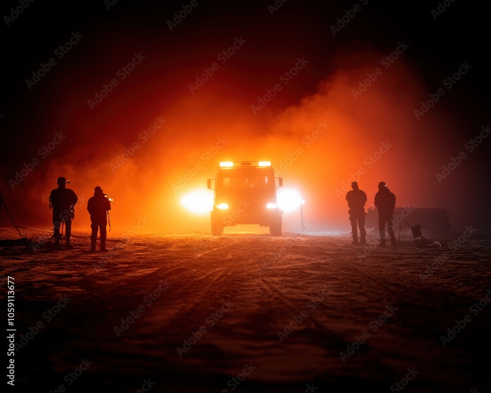 Night Scene with Powerful Lights and Silhouetted Figures Night Scene with Powerful Lights and Silhouetted Figures