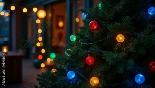 Snow-covered Christmas tree with colorful lights in front of residential building