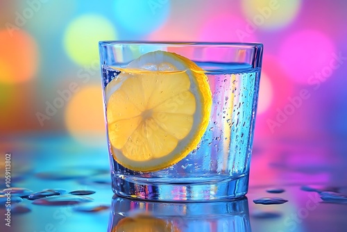 Glass of Water with Lemon Slice and Colorful Bokeh Background - Photo