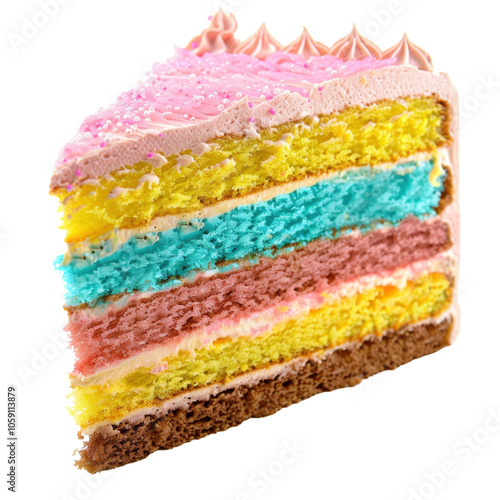 Colorful Layered Cake Slice with Cream Topping