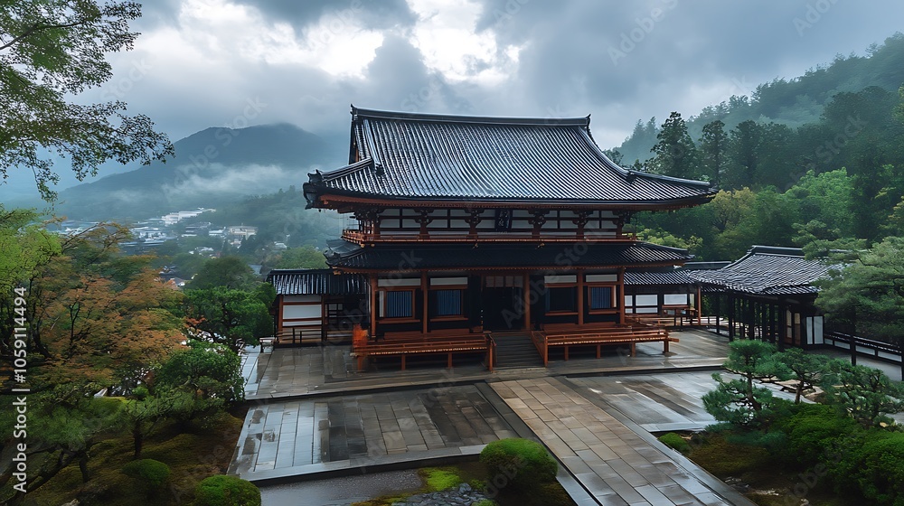 A serene traditional building surrounded by lush greenery and mountains, reflecting tranquility and cultural heritage. A serene traditional building surrounded by lush greenery and mountains, reflecting tranquility and cultural heritage.