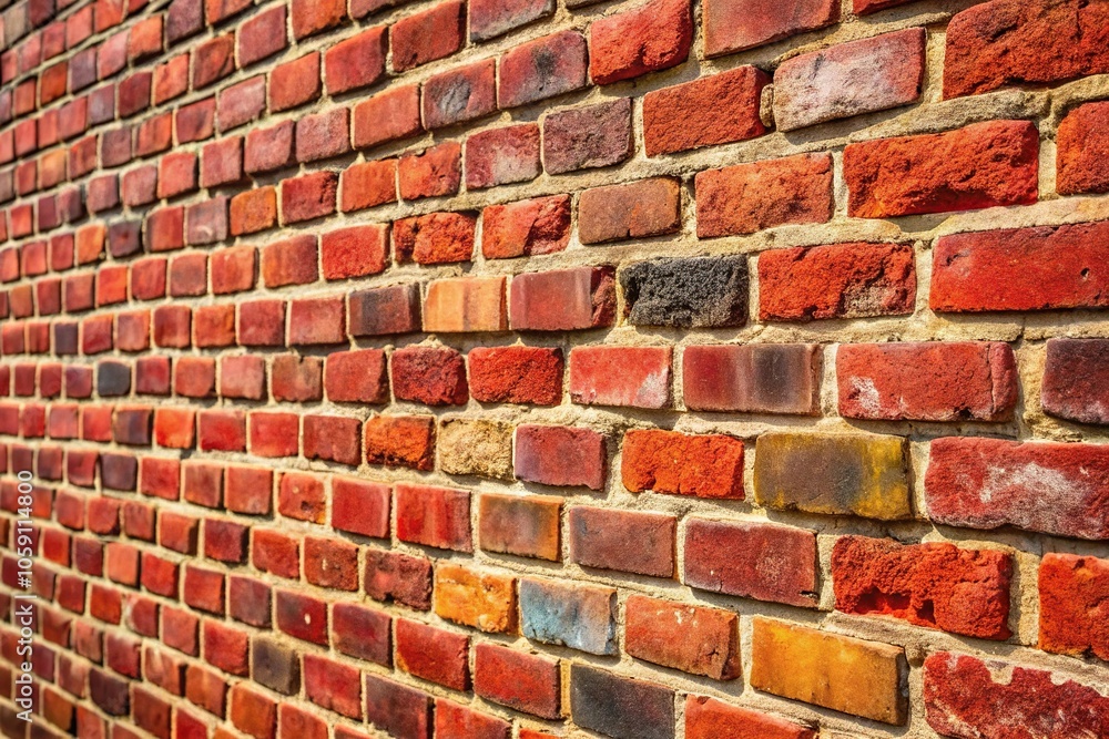 Obraz premium Weathered brick wall with varied shades of red and rough texture at tilted angle