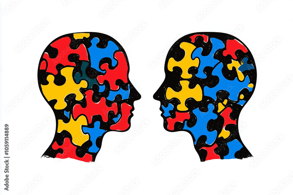 Two puzzle pieces of a head with a blue piece on the left and a red piece on the right Two puzzle pieces of a head with a blue piece on the left and a red piece on the right