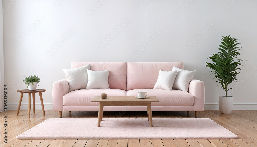 Fototapeta premium modern light living room with pastel pink couch and wooden table