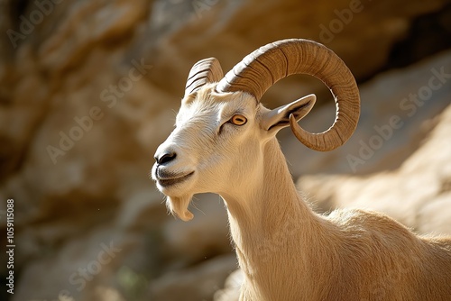 Photo of a tan goat with curved horns, similar to the Saharan goat in an animal park photo