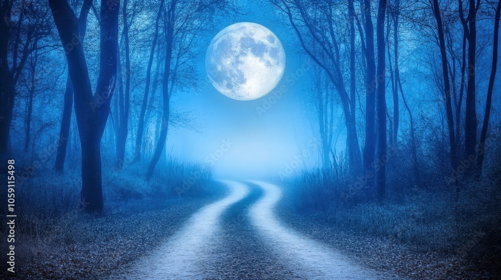 Naklejka premium Serene Night Path Under Full Moon Glow