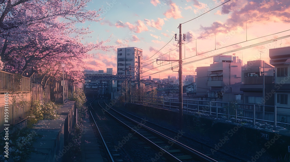 A serene urban landscape featuring train tracks bordered by cherry blossoms at sunset. A serene urban landscape featuring train tracks bordered by cherry blossoms at sunset.