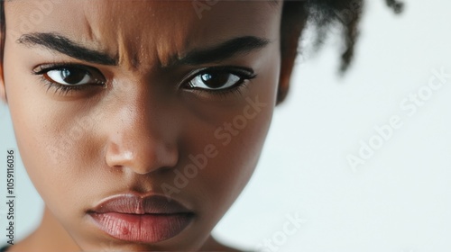 A person showing indignation, eyes narrowed, and lips pressed tightly, reacting to an injustice photo