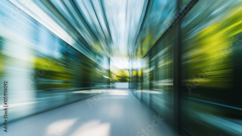 Abstract motion blur of a modern building hallway with glass walls and green trees outside