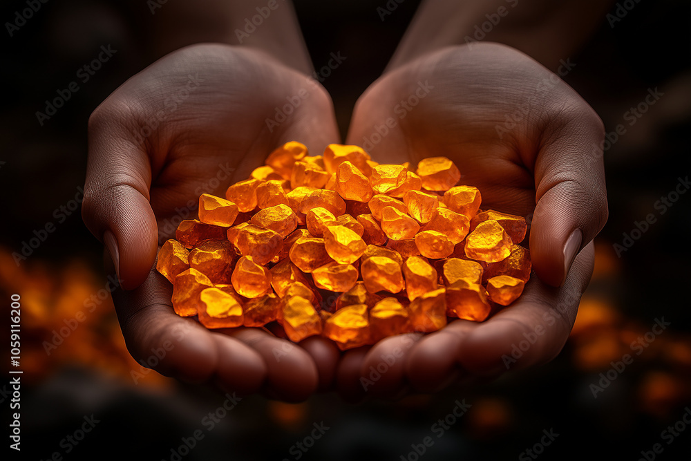Gold nuggets in the hands of a miner close up background. Gold nuggets in the hands of a miner close up background.