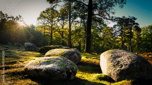 Granite stones lying chaotically in the forest. photo