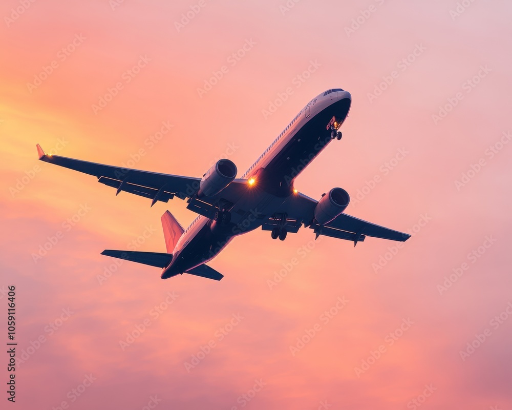 Plane Silhouette Against Vibrant Sunset Sky Plane Silhouette Against Vibrant Sunset Sky
