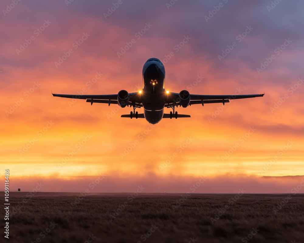 Plane Taking Off at Sunset with Vibrant Colors Plane Taking Off at Sunset with Vibrant Colors