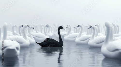 Fototapeta Naklejka Na Ścianę i Meble -  A single black swan surrounded by white swans.