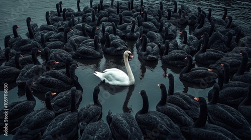 A single white swan surrounded by black swans.