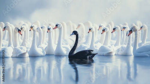 Fototapeta Naklejka Na Ścianę i Meble -  A black swan in a flock of white swans.