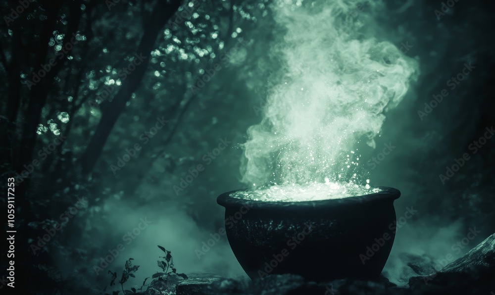 Cauldron with green smoke in a dark forest. Cauldron with green smoke in a dark forest.