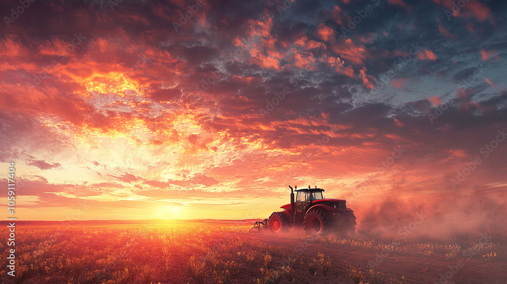 modern tractor working in vast field at sunset, creating beautiful scene with vibrant colors and dramatic clouds. atmosphere is serene and picturesque modern tractor working in vast field at sunset, creating beautiful scene with vibrant colors and dramatic clouds. atmosphere is serene and picturesque